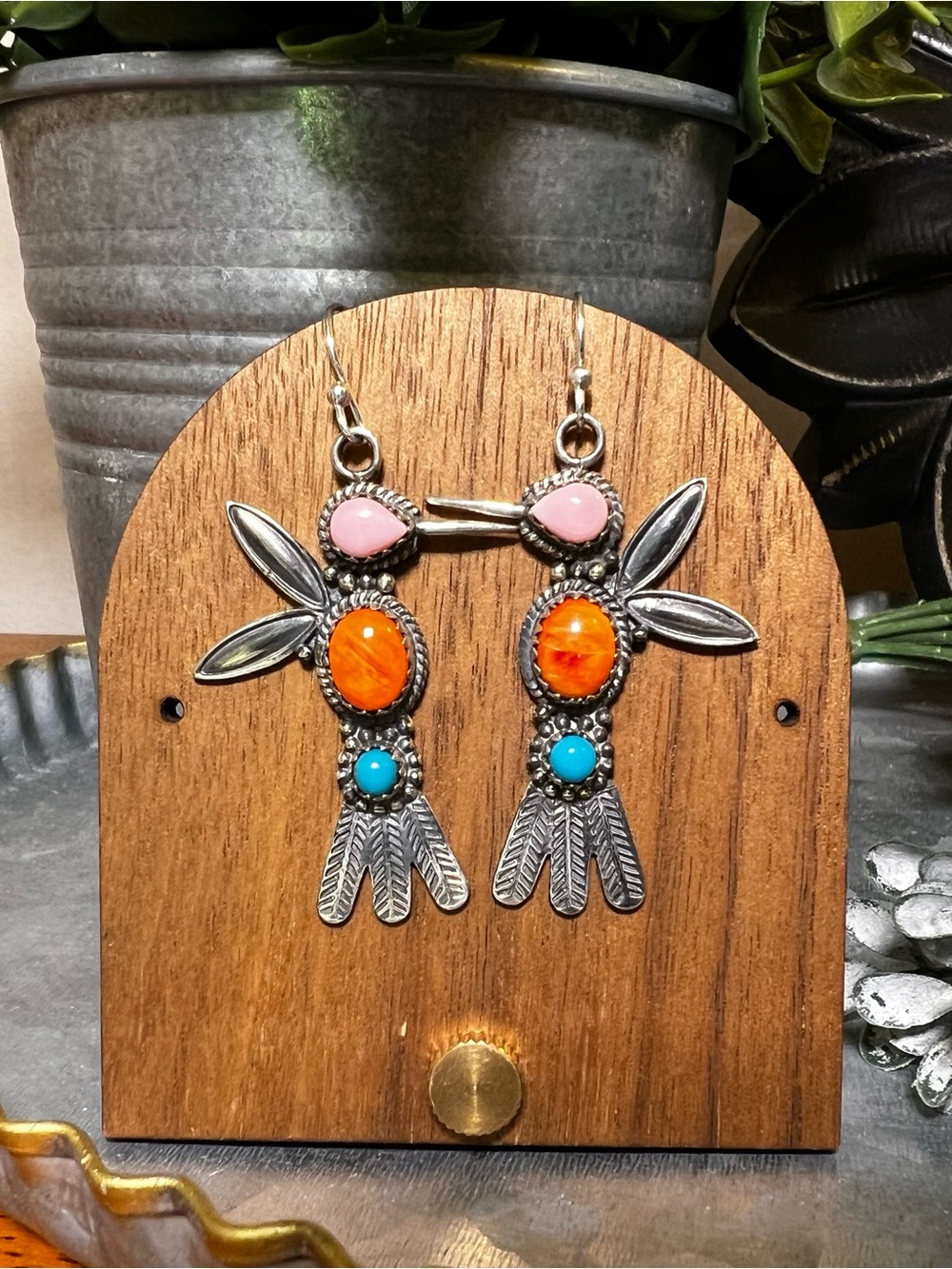 Sterling Silver Hummingbird Earrings Pink Conch Turquoise Spiny Oyster - Picture 6 of 9